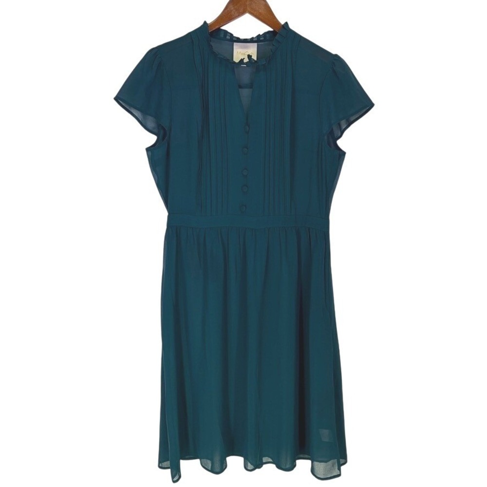 ModCloth Fit & Flare Womans Dress L Teal Ruffle Neck Pin Tuck Chiffon Sheer Chic